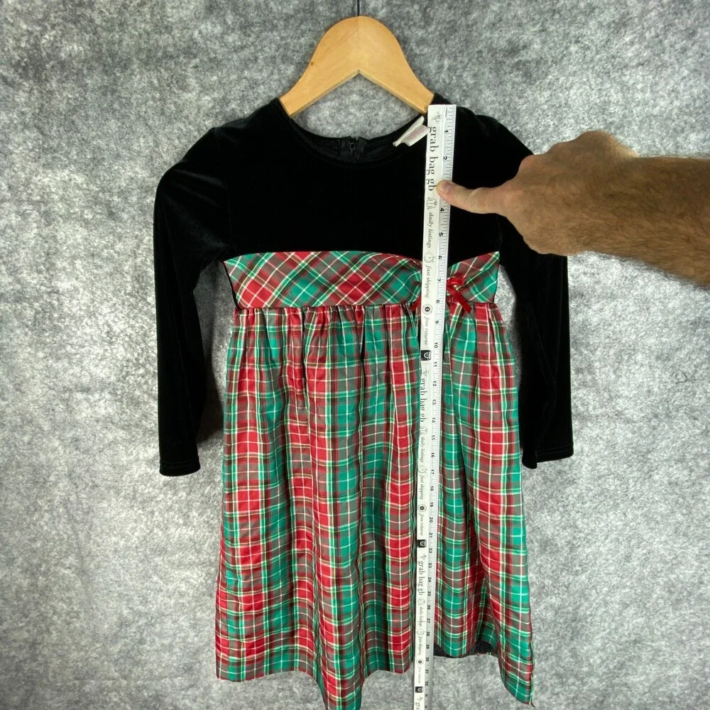 Hartstrings Dress Girls 6X Black Velvet Top Gold Metallic Red Green Plaid Skirt